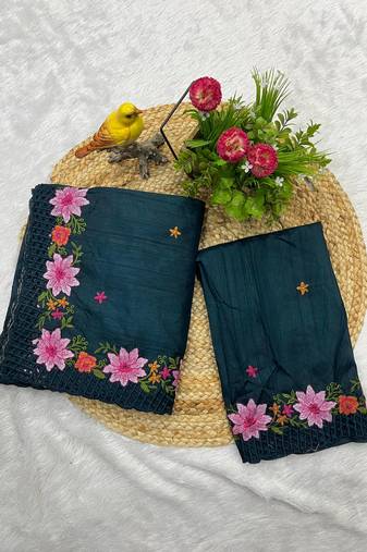 Teal Color Multi Thread Embroidery Work Manipuri Silk Saree