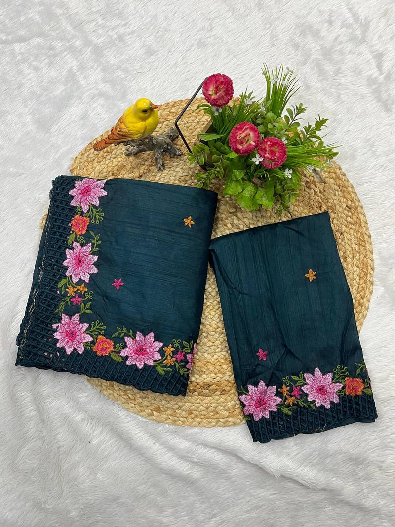 Teal Color Multi Thread Embroidery Work Manipuri Silk Saree