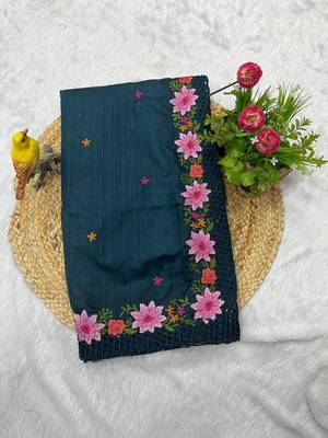 Teal Color Multi Thread Embroidery Work Manipuri Silk Saree 2