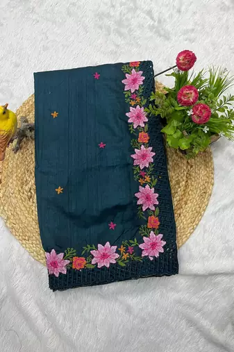 Teal Color Multi Thread Embroidery Work Manipuri Silk Saree