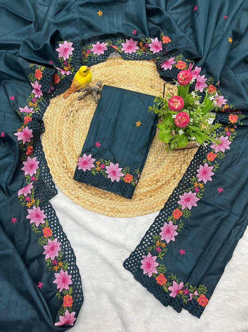 Teal Color Multi Thread Embroidery Work Manipuri Silk Saree