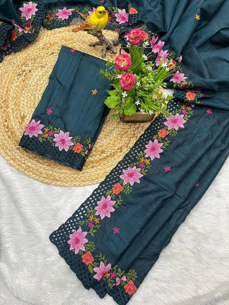 Teal Color Multi Thread Embroidery Work Manipuri Silk Saree