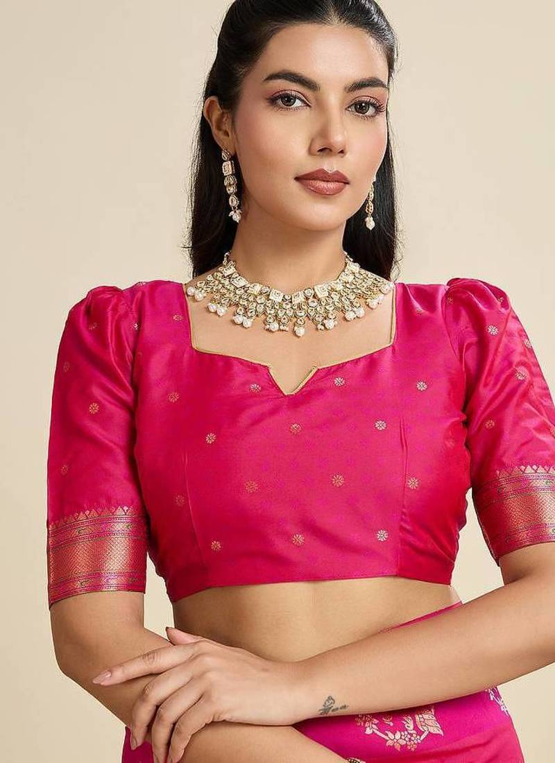 Rani Color Silver & Gold Zari Woven Kanjivaram Silk Saree With Blouse