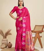 Rani Color Silver & Gold Zari Woven Kanjivaram Silk Saree With Blouse