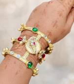 Handmade kashmiri kada bangle | polki kundan stone, gold tone cuff kada