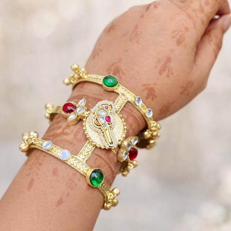 Handmade kashmiri kada bangle | polki kundan stone, gold tone cuff kada