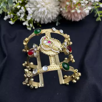 Handmade kashmiri kada bangle | polki kundan stone, gold tone cuff kada 2