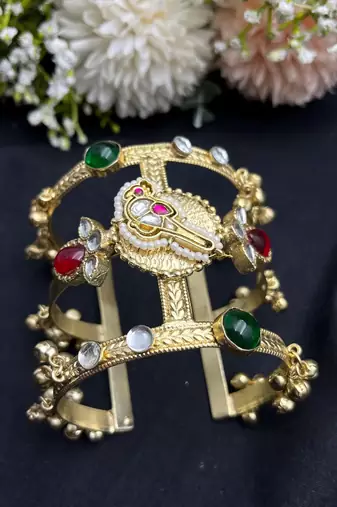 Handmade kashmiri kada bangle | polki kundan stone, gold tone cuff kada