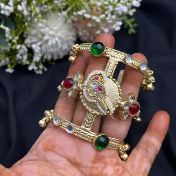 Handmade kashmiri kada bangle | polki kundan stone, gold tone cuff kada 3