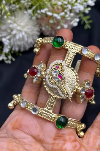 Handmade kashmiri kada bangle | polki kundan stone, gold tone cuff kada