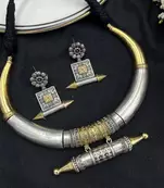 Oxidized tribal necklace & earring set | vintage ethnic dual tone hasuli torque set