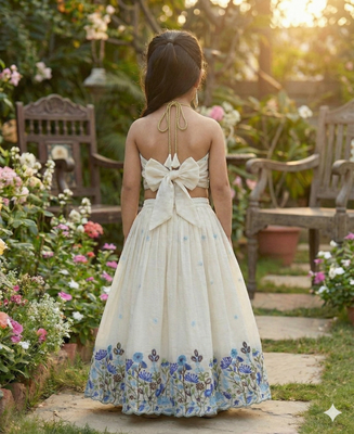 Offwhite flower embroidered work lehenga choli set for kids 4