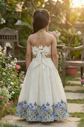 Offwhite flower embroidered work lehenga choli set for kids