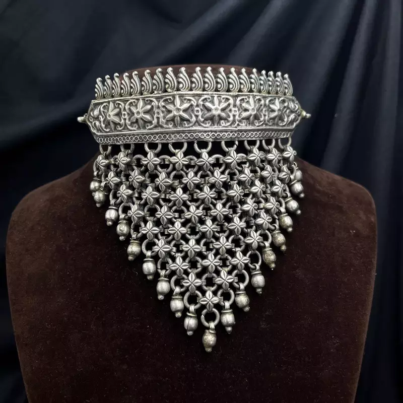 Antique flower jali choker necklace set | vintage handmade brass hasli torque