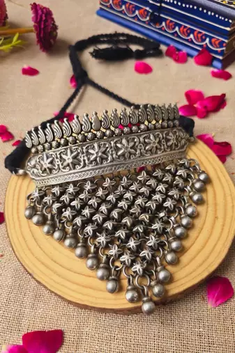 Antique flower jali choker necklace set | vintage handmade brass hasli torque
