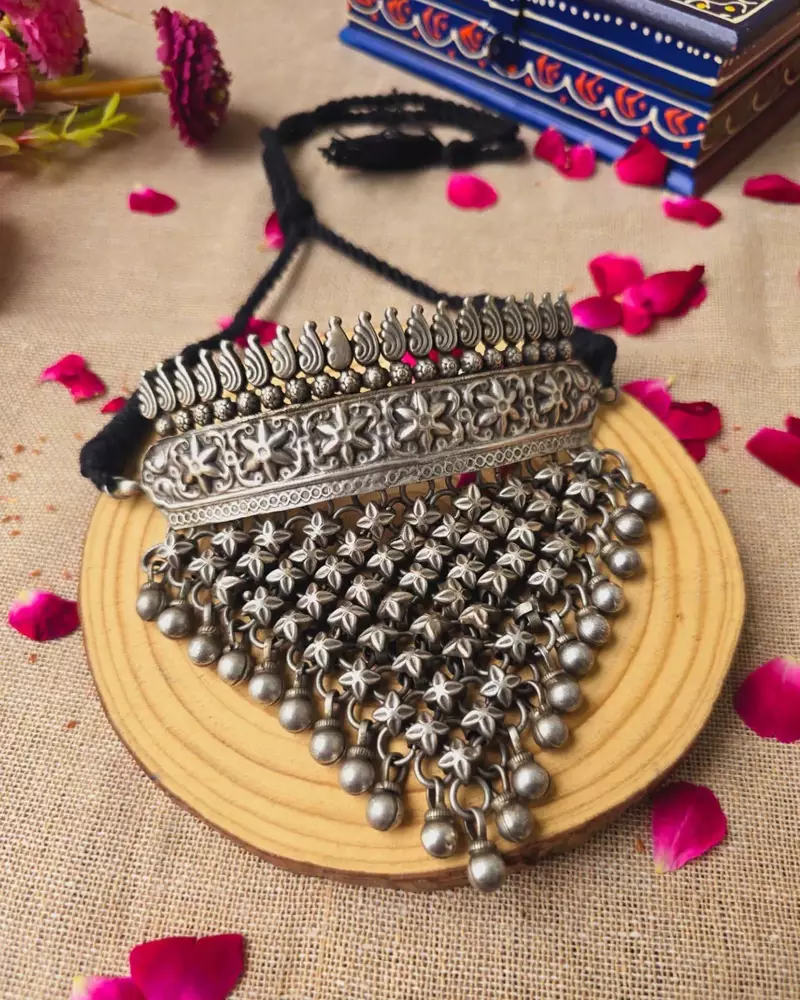 Antique flower jali choker necklace set | vintage handmade brass hasli torque