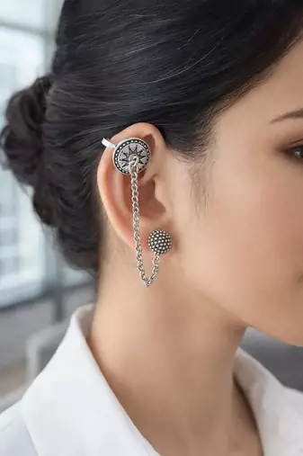 Oxidised silver chain earcuff earrings | tribal sun motif ear wrap with chain stud