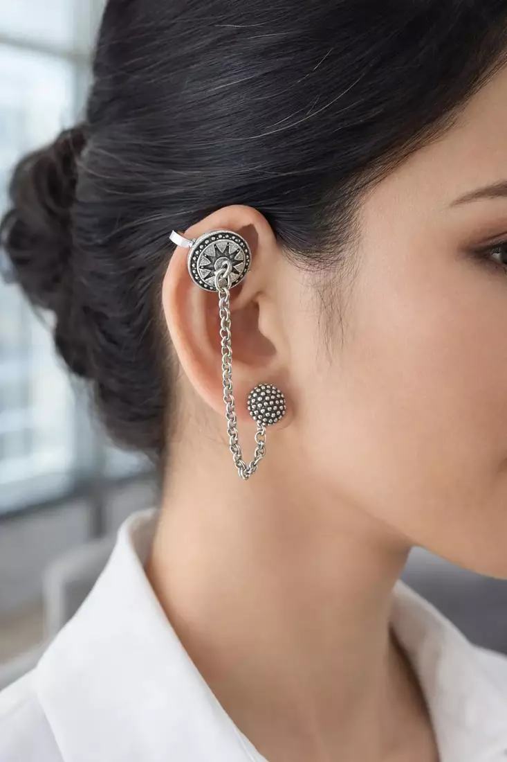 Oxidised silver chain earcuff earrings | tribal sun motif ear wrap with chain stud