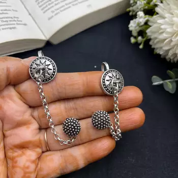 Oxidised silver chain earcuff earrings | tribal sun motif ear wrap with chain stud 2