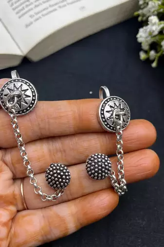 Oxidised silver chain earcuff earrings | tribal sun motif ear wrap with chain stud