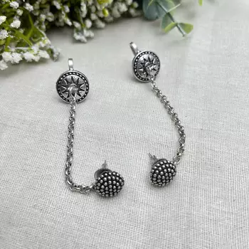 Oxidised silver chain earcuff earrings | tribal sun motif ear wrap with chain stud 3