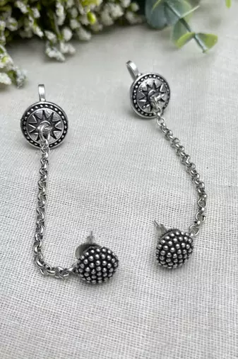 Oxidised silver chain earcuff earrings | tribal sun motif ear wrap with chain stud