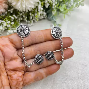 Oxidised silver chain earcuff earrings | tribal sun motif ear wrap with chain stud 4