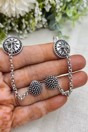 Oxidised silver chain earcuff earrings | tribal sun motif ear wrap with chain stud