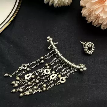 Oxidised mismatched earrings for women | boho tribal earcuff and stud set 1