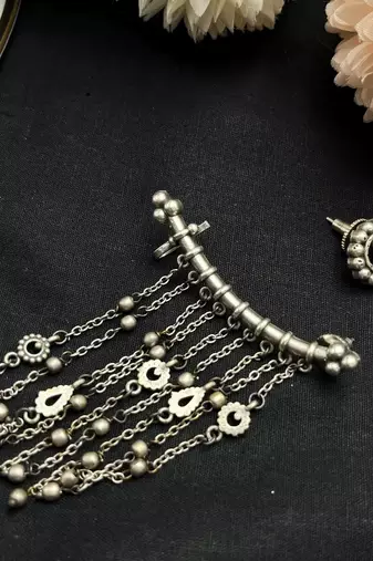 Oxidised mismatched earrings for women | boho tribal earcuff and stud set