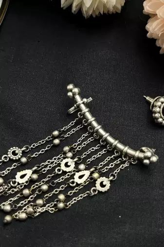 Oxidised mismatched earrings for women | boho tribal earcuff and stud set