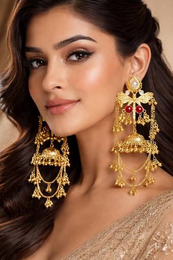 Lightweight newly launched designer chain ghungroo jhumkas high trend gold earrings kashmiri pattern jhumkas