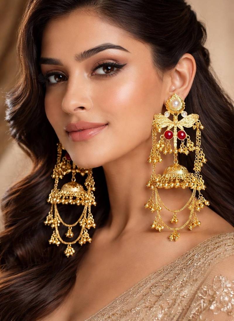Lightweight newly launched designer chain ghungroo jhumkas high trend gold earrings kashmiri pattern jhumkas