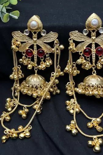 Lightweight newly launched designer chain ghungroo jhumkas high trend gold earrings kashmiri pattern jhumkas