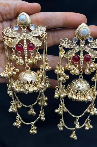 Lightweight newly launched designer chain ghungroo jhumkas high trend gold earrings kashmiri pattern jhumkas
