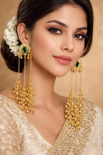 Kashmiri long ghungroo earrings, gold tone green statement earrings