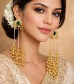 Kashmiri long ghungroo earrings, gold tone green statement earrings