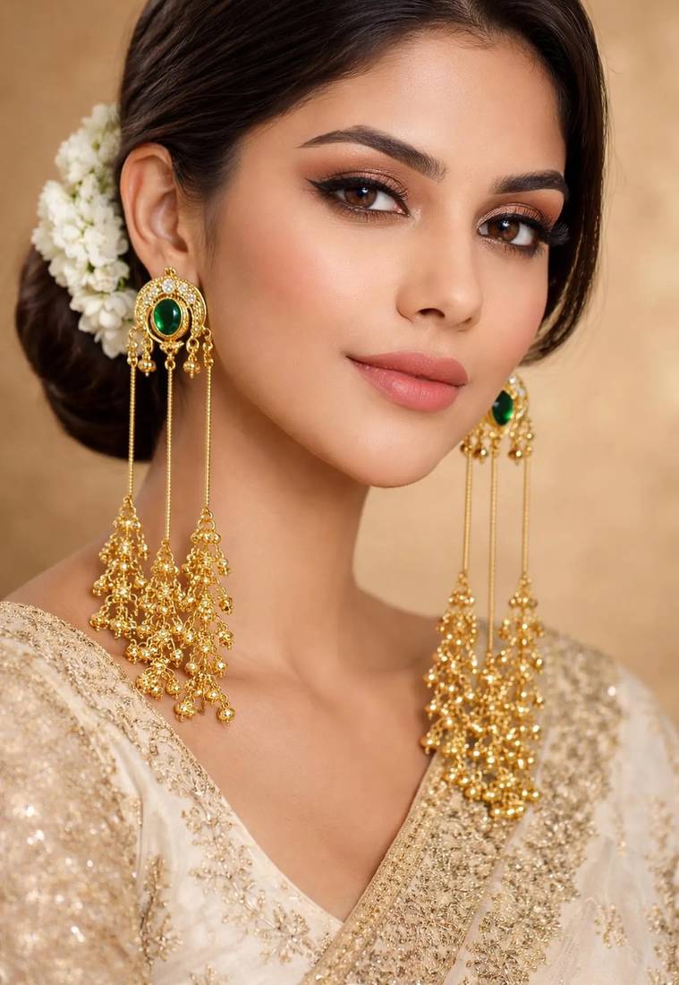 Kashmiri long ghungroo earrings, gold tone green statement earrings