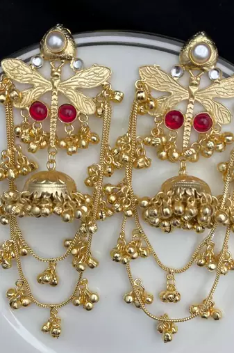 Lightweight newly launched designer chain ghungroo jhumkas high trend gold earrings kashmiri pattern jhumkas