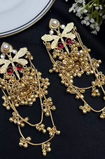 Lightweight newly launched designer chain ghungroo jhumkas high trend gold earrings kashmiri pattern jhumkas