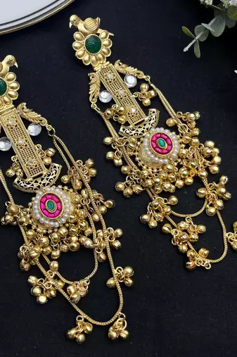 Kashmiri kundan gold plated earrings, lightweight statement jhumkas, indian bridal festive fusion earrings with ghungroo