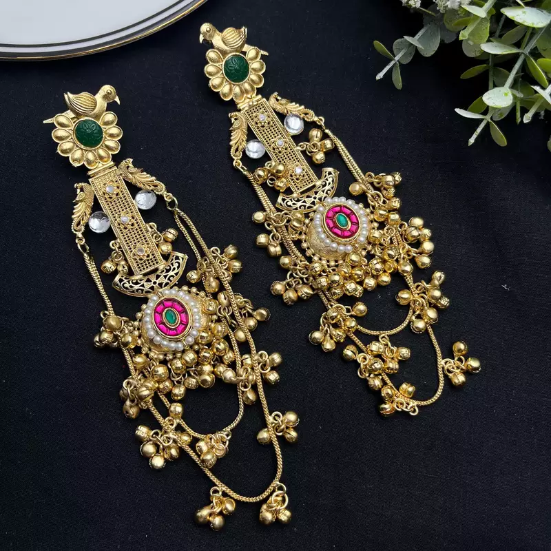 Kashmiri kundan gold plated earrings, lightweight statement jhumkas, indian bridal festive fusion earrings with ghungroo