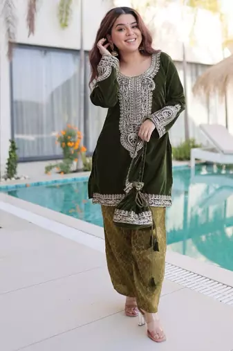 Green Embroidered velvet salwar suit