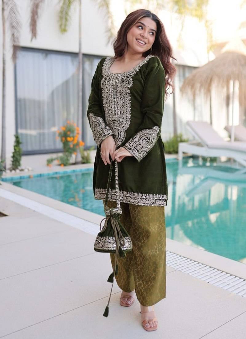 Green Embroidered velvet salwar suit