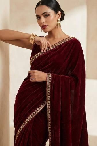 Maroon Color Plain With Sequins And Embroidery Lace Work Velvet Saree
