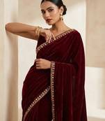 Maroon Color Plain With Sequins And Embroidery Lace Work Velvet Saree