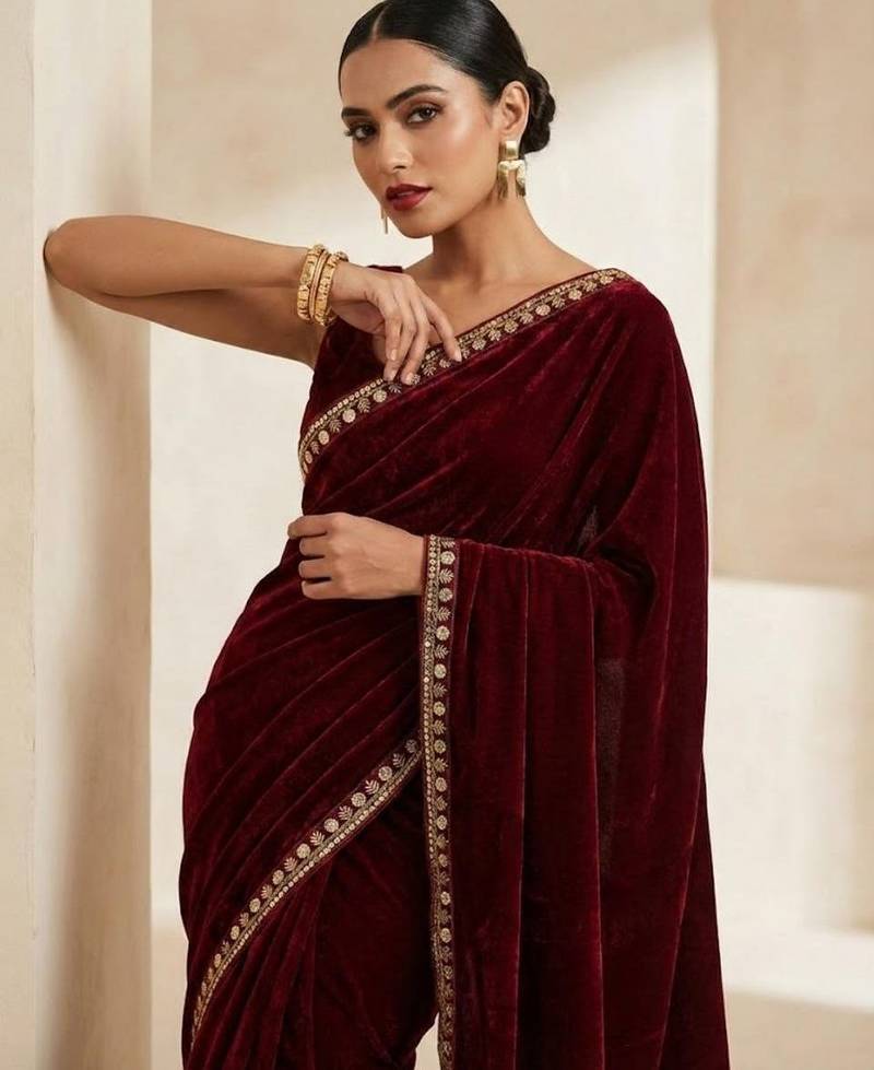 Maroon Color Plain With Sequins And Embroidery Lace Work Velvet Saree