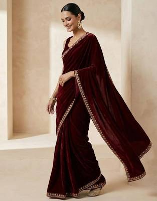 Maroon Color Plain With Sequins And Embroidery Lace Work Velvet Saree 3