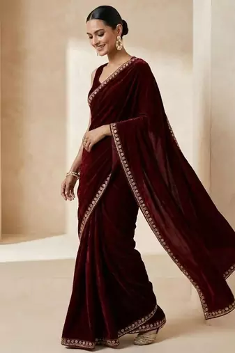Maroon Color Plain With Sequins And Embroidery Lace Work Velvet Saree