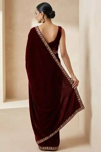 Maroon Color Plain With Sequins And Embroidery Lace Work Velvet Saree